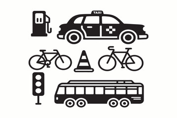 A clean and modern collection of white transportation-related icons