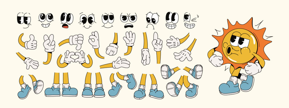 Cartoon sun character with various facial expressions, arms, hands, and legs on light background. Concept of animated character design. Vector illustration