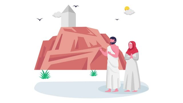 pilgrims gather on 9th day of Dhul-Hijjah to perform Wuquf animation Couple Unite at Mount Arafat animated video, Eid al-Adha Clip Eid-al-Kabir Hajj footage, Traditional Arab Muslim Festival motion