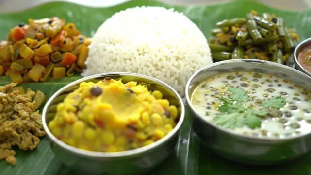Traditional Indian Meal Served on Banana Leaf Featuring Rice Vegetables and Curry Presented in Stainless Steel Bowls