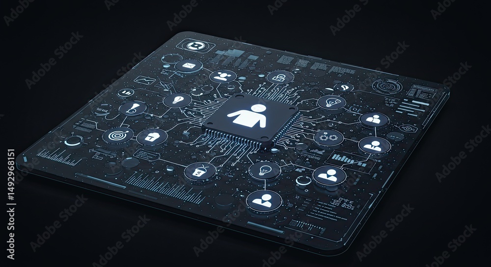 Aufkleber Futuristic technology concept showing a central processing unit with connected icons on a screen
