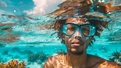 Naklejka premium Young Afro man in snorkeling mask taking underwater selfie near coral reef in clear transparent sea water. Active recreation, diving