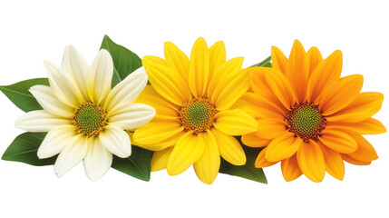 Three Colorful Sunflower Blooms in a Row with PNG Transparent Background
