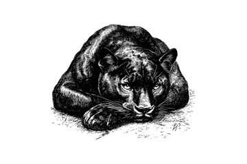 Old Engraving Style Panther, Hand-drawn Big Cat, Monochrome Jungle Animal Sketch, Vintage Wildlife Etching, Trendy Antique Ink Art, nature scene print, jungle poster