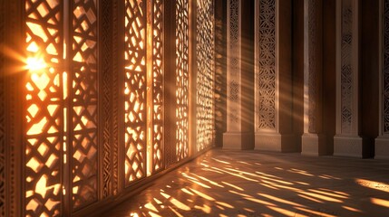 **Interior detail of geometric wall carvings under warm sunlight filtering through lattice windows.
