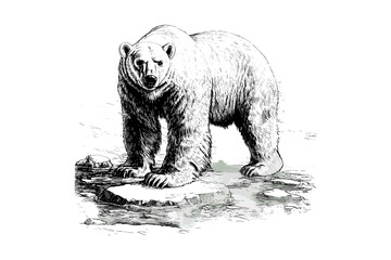 Hand-drawn Wildlife Etching, Vintage Mammal Illustration, Engraving of Polar Bear on Ice, Monochrome Arctic Animal Line Art, Retro Style, Wildlife Artwork
