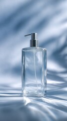 Vertical composition of hand sanitizer bottle with soft shadows, modern aesthetic, clear plastic and elegant form, isolated on white background for clean health product presentation