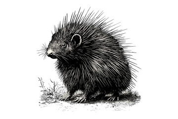 Antique Wildlife Engraving, Porcupine with Raised Quills, Hand-drawn Rodent Art, Vintage Etching, Rustic Nature Drawing, Retro Animal Illustration, Old Mammal Sketch