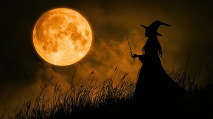 spooky Halloween setting with a silhouette of a witch casting a spell under a glowing full moon.