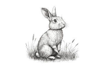 Engraving of Rabbit Sitting in Field, Vintage Wildlife Etching, Hand-drawn Animal Line Art, Rustic Nature Drawing, Monochrome Pet Illustration, Cute Animal Art, Old Engraving Style