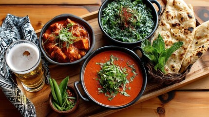 Indian dishes on wooden tray with beer