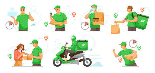 Set of courier delivery workers performing tasks like delivering packages, riding scooters, and interacting with customers, on white background. Concept of fast delivery and logistics. Vector