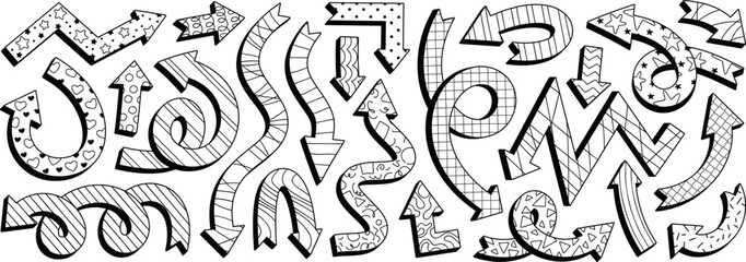 Playful arrows with abstract patterns, funky curved arrow pointers. Various shapes comic style arrow signs with hand drawn textures, groovy bold dynamic pointers, direction design elements vector set