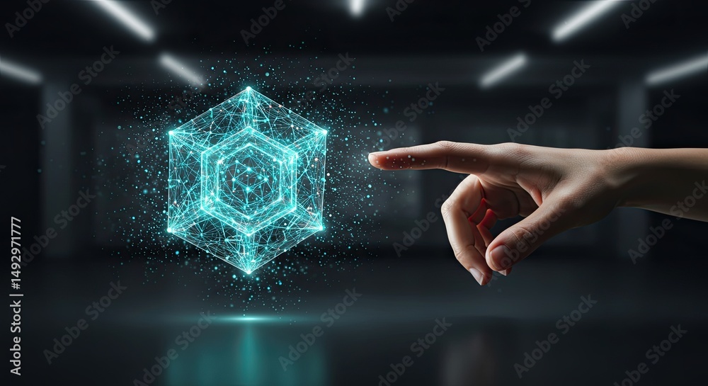 Aufkleber hand interacting with a glowing digital cube in a futuristic virtual environment
