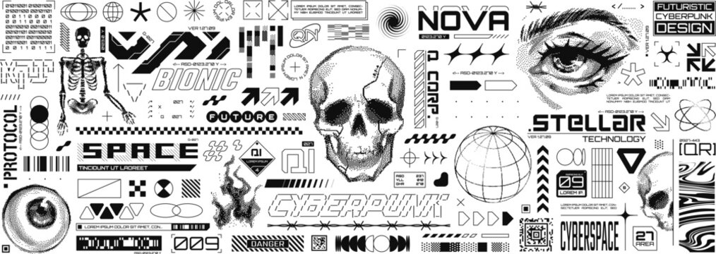 Retro futuristic streetwear assets with dithering pixel art elements, cyberpunk aesthetic decals. Sci-fi inscriptions or stickers, acid abstract geometric forms, techwear labels template vector set