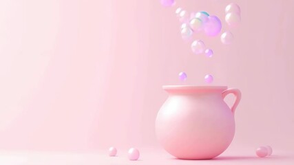 Soap bubbles floating from a pink pot on a pink background