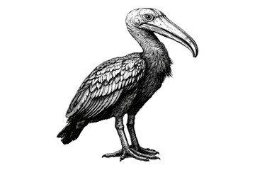 Vintage Shoebill Bird Sketch with Raised Neck, Old Engraving Style, Hand-drawn Rare Tropical Species, Monochrome Ornithology Illustration, Trendy Wildlife Art Print
