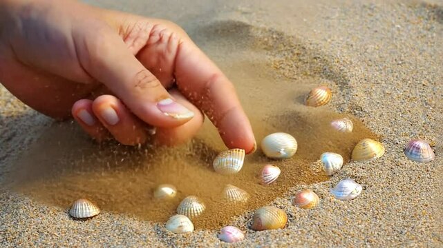 Hand with clams on the beach.
