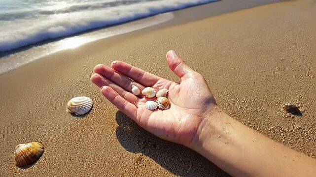 Hand with clams on the beach.