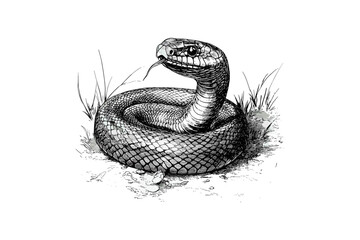 Fototapeta premium Detailed Snake Line Art, Vintage Nature Sketch, Wildlife Reptile Etching, Black Monochrome Engraving Style, Old Fauna Illustration, Rustic Decor Art, snake artwork drawing