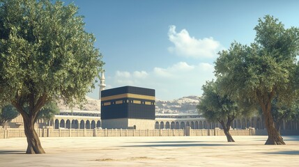 **Soft-focus landscape of the Kaaba with desert trees in the foreground and clear skies above the peaceful architecture.