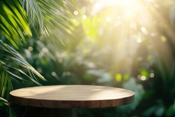 Wooden round table top and blurred tropical plants background. Summer banner for product display with Copy space