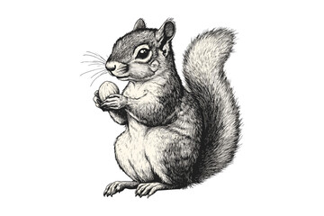 Hand-drawn squirrel engraving, vintage forest animal art, monochrome wildlife etching, old sketch style, trendy autumn nature illustration, rustic woodland decor