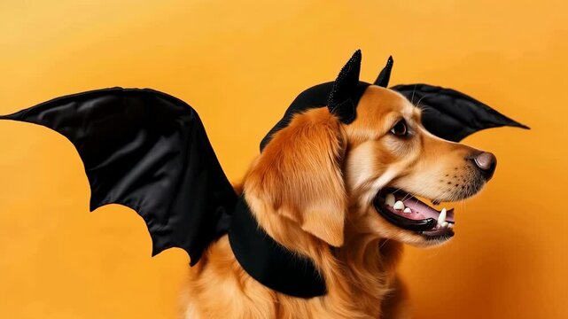 Golden Retriever dog wearing Halloween bat wings and devil horns costume posing on orange background