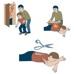 Infographics, poster with the help of fire victims. A man gives first aid to a child. Vector flat illustration