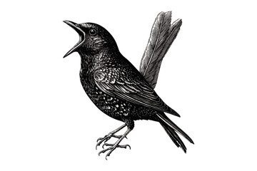 Vintage Starling Bird Engraving, Antique Ornithology Etching, Hand-drawn Monochrome Sketch, Retro Wildlife Illustration, Classic Songbird Art, Old Engraving Style, Nature Study