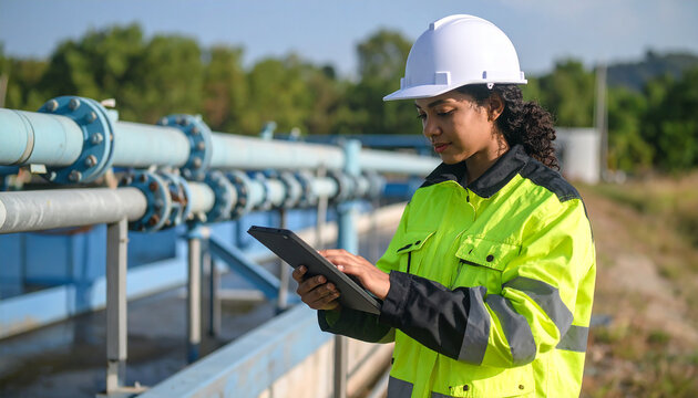Environmental Engineer Inspects Infrastructure: An environmental engineer, meticulously examines the critical infrastructure using a digital tablet.