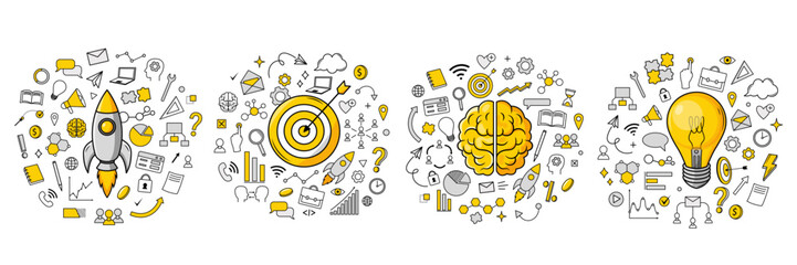 Set of startup rocket, target, brain, and light bulb surrounded by business, planning, and innovation icons on white background. Vector illustration