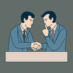 Fototapeta premium Secret deal. Two men in suits shake hands. One of them holds his finger to his lips. Vector illustration