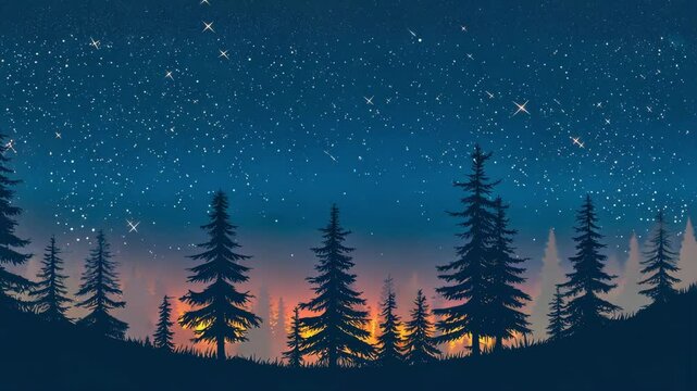 silhouette of conifer trees under starry night sky with colorful sunset gradient background