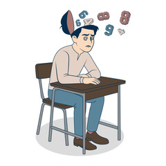 A teenager at a school desk. A metaphor for a difficult math exam. vector flat illustration