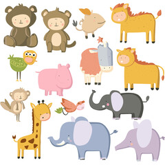Fototapeta premium Cartoon Animal Collection: A whimsical collection of endearing cartoon animals, each radiating charm and playfulness. This vibrant artwork showcases the innocence and cheerfulness.