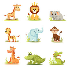 Fototapeta premium Jungle Animals Collection: A vibrant illustration showcasing a collection of adorable jungle animals, exuding joy and a touch of royalty. Featuring a giraffe, lion, elephant, crocodile, and monkey.