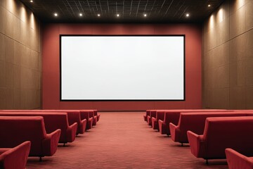 A modern, empty movie theater with red seats and a large blank screen ready for a film projection.