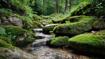 Fototapeta premium Natural Stream Flowing Through Mossy Rocks