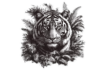 Retro jungle wildlife engraving, tiger hand-drawn sketch, vintage monochrome etching, exotic big cat art, black ink illustration, classic animal decor, trendy natural theme