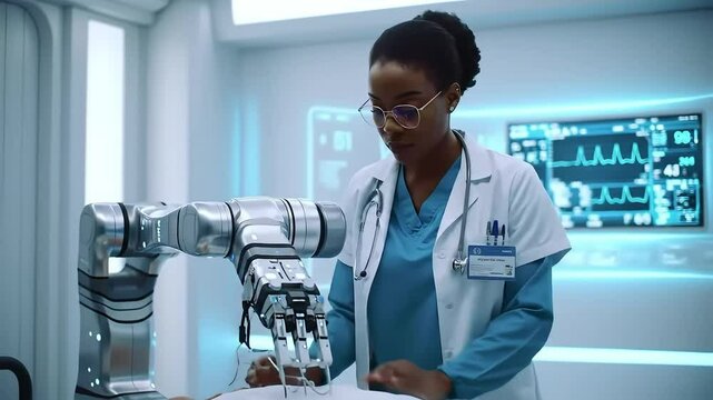 Futuristic Medical Room with Robotic Assistant and Holographic Monitors