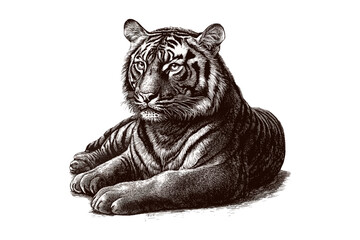 Vintage Tiger Lying Down Engraving, Monochrome Wild Cat Illustration, Rustic Safari Animal Etching, Detailed Wildlife Sketch, Old Engraving Style, Nature Art Print