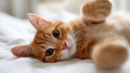 A playful ginger kitten rolls on a soft white bedspread. Its innocent eyes capture the charm of this adorable pet. This image showcases a warm and inviting atmosphere. AI