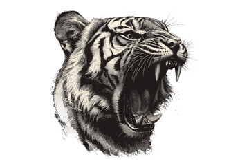 Hand-drawn Safari Print, Monochrome Animal Sketch, Vintage Wild Cat Line Art, Rustic Wildlife Etching, Detailed Fauna Illustration, Engraving of Tiger Roaring