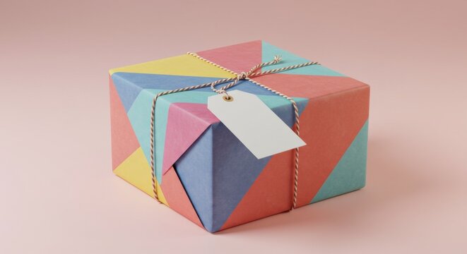 Gift with Tag and Colorful Geometric Wrapping
