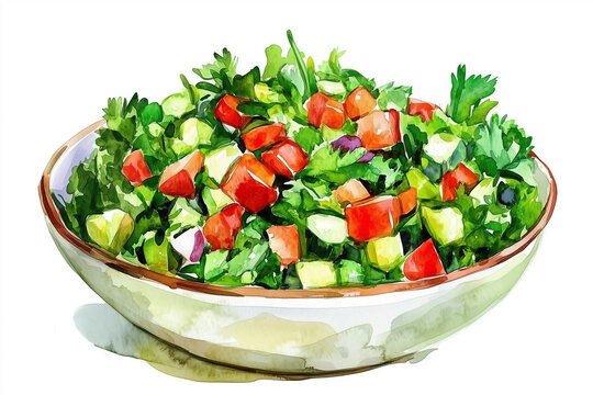 Watercolor illustration of Tabbouleh. Hand-painted food artwork with a vibrant, appetizing look. Ideal for culinary blogs, designs, recipe books, and restaurant brand 