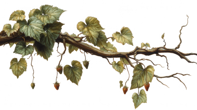 Watercolor painting of vine branch with leaves and strawberries PNG transparent background - Powered by Adobe