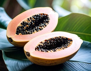 Ripe Halved Papayas Showcasing Seeds and Vibrant Orange Flesh Resting on Lush Green Tropical Leaves