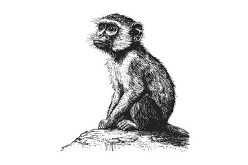 Vervet Monkey Sketch, Hand-drawn Vintage Jungle Primate, Old Engraving Style Illustration, Monochrome Etching Animal Art, retro wildlife drawing, black and white jungle print © Vintage studio