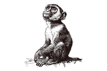 Vintage Engraving of Vervet Monkey Looking Around, Old Jungle Animal Illustration, Hand-drawn Monochrome Primate Sketch, Retro Etching Style Drawing, antique animal art © Vintage Studio